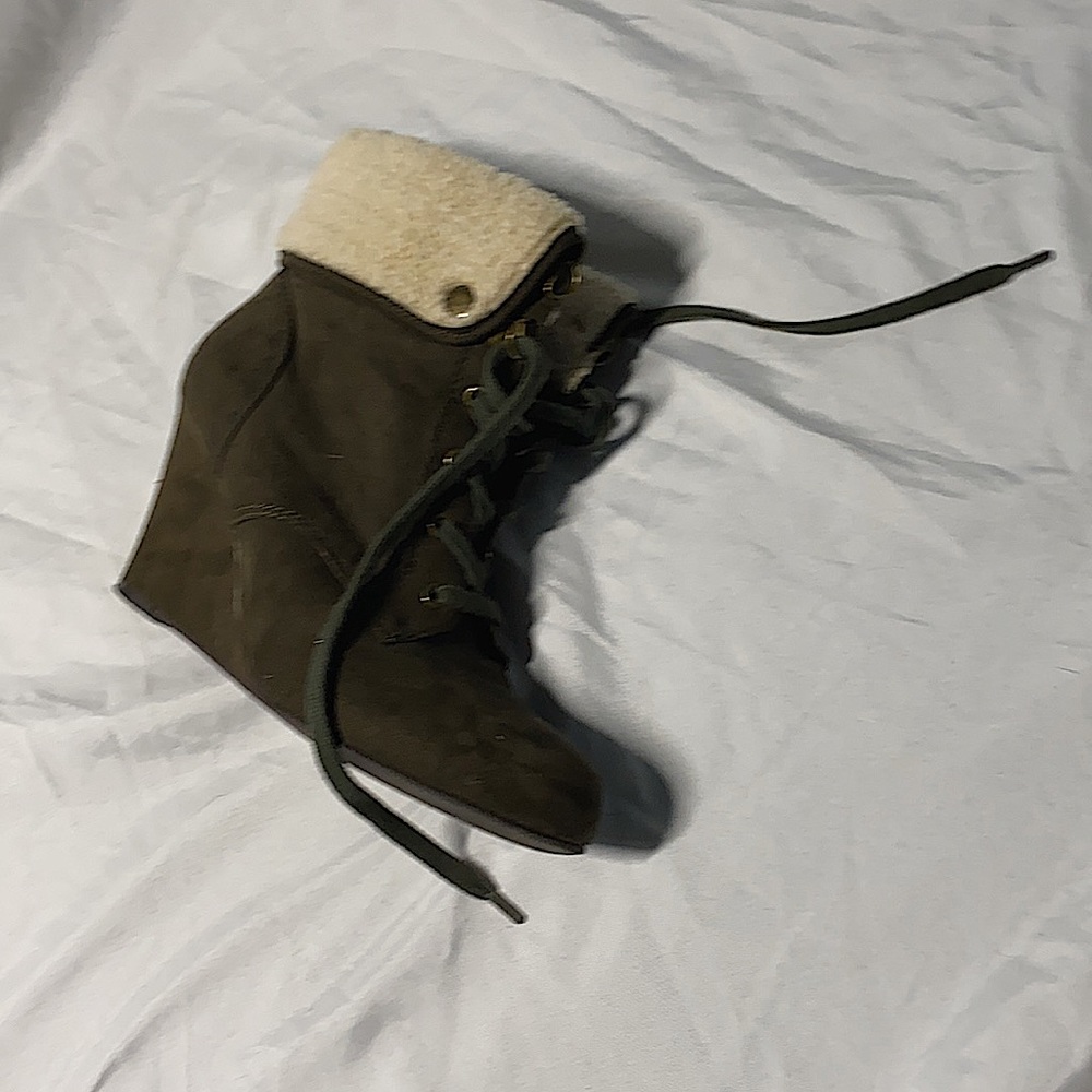 High Heel Brown Suede Boots with Wool Trim